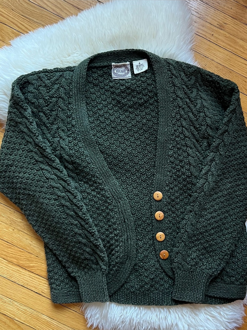 Olive Green Cable Knit V-Neck Button Sweater